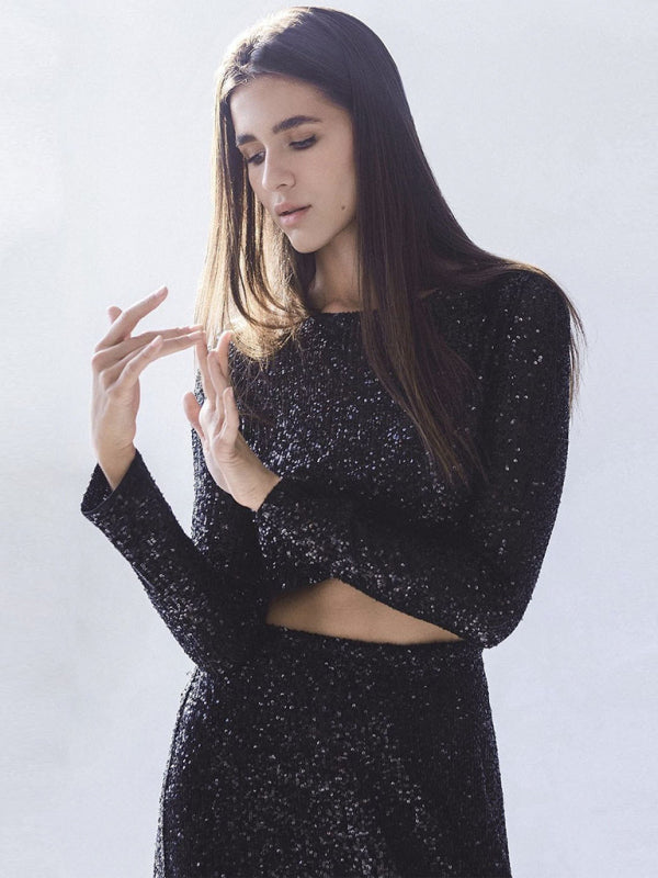 Festive Outfits- Glitter Gala Festive Sequined Long Sleeve Crop Top with Maxi Skirt- - Pekosa Women Clothing