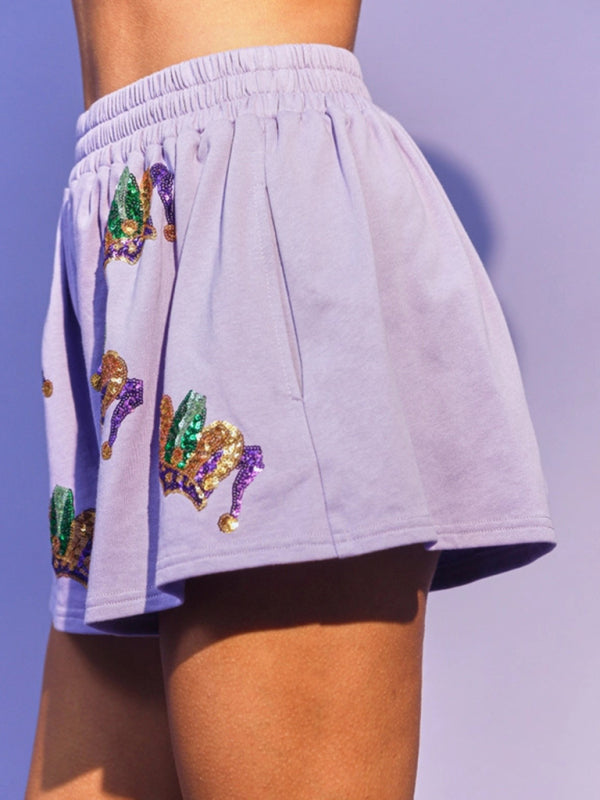 Festive Outfits- Sparkle Mardi Gras 2 Piece Festive Outfit Shorts and Blouse Tee- - Pekosa Women Clothing