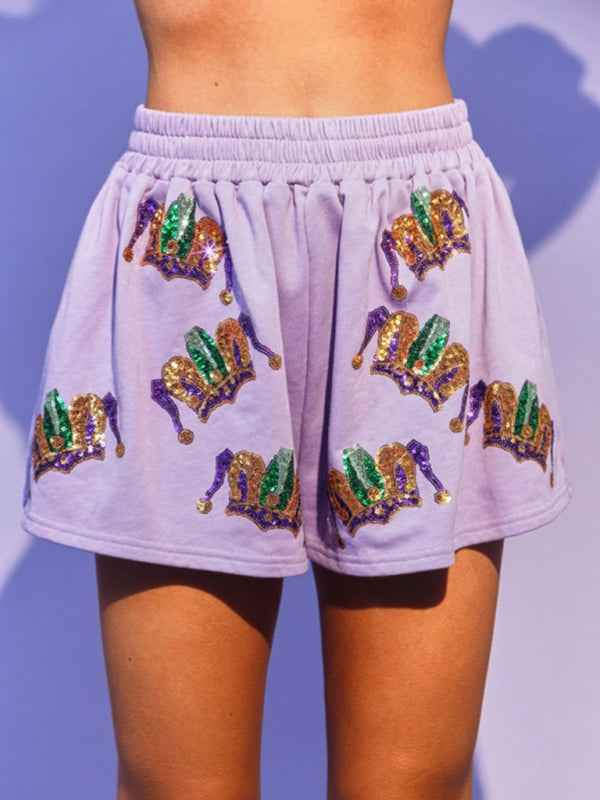 Festive Outfits- Sparkle Mardi Gras 2 Piece Festive Outfit Shorts and Blouse Tee- - Pekosa Women Clothing