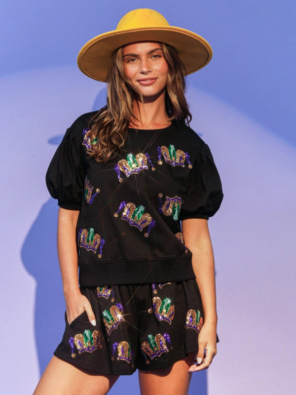 Festive Outfits- Sparkle Mardi Gras 2 Piece Festive Outfit Shorts and Blouse Tee- - Pekosa Women Clothing