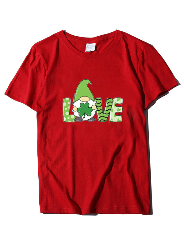 Festive Tees- St. Paddy's Day Crew Neck T-Shirt in Cotton with Leprechaun Charm- Red- Pekosa Women Clothing