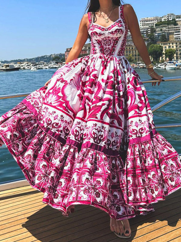 Fit and Flare Dresses- Romantic Vintage Print Sleeveless Fit and Flare Maxi Dress- Rose- Pekosa Women Fashion
