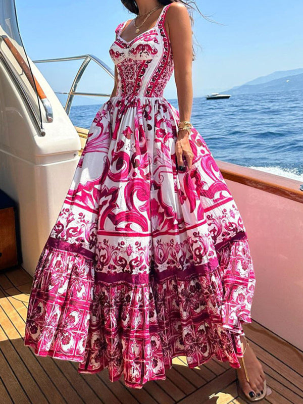 Fit and Flare Dresses- Romantic Vintage Print Sleeveless Fit and Flare Maxi Dress- - Pekosa Women Fashion