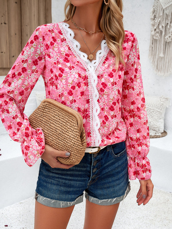 Floral Blouses- V-Neck Blouse - Long Sleeve Floral Top with Delicate Lace Accents- - Pekosa Women Clothing