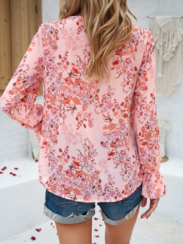 Floral Blouses- V-Neck Blouse - Long Sleeve Floral Top with Delicate Lace Accents- - Pekosa Women Clothing