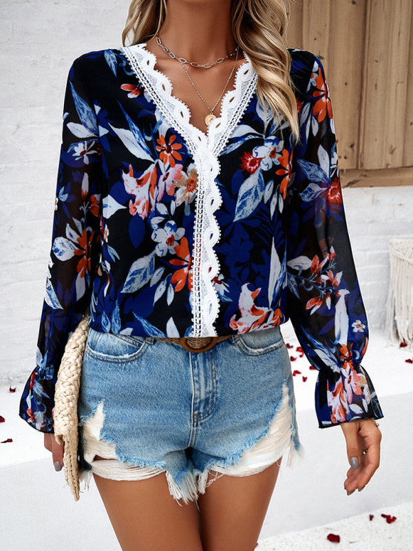 Floral Blouses- V-Neck Blouse - Long Sleeve Floral Top with Delicate Lace Accents- - Pekosa Women Clothing
