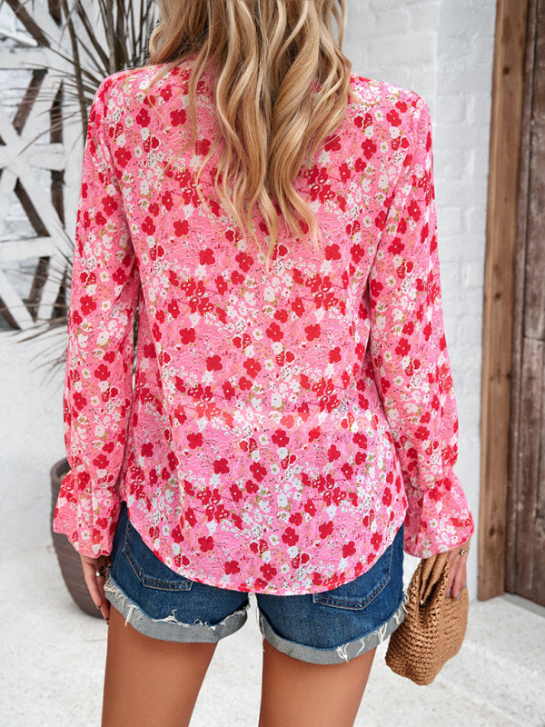 Floral Blouses- V-Neck Blouse - Long Sleeve Floral Top with Delicate Lace Accents- - Pekosa Women Clothing