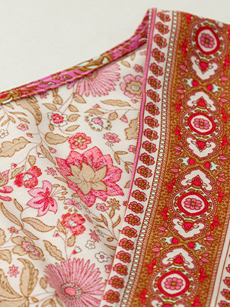 Floral Dresses- Autumn Floral Faux Wrap Bell Sleeve Waist Tie Midi Dress- - Pekosa Women Clothing