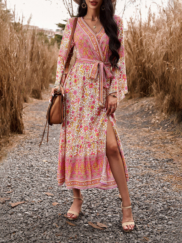 Floral Dresses- Autumn Floral Faux Wrap Bell Sleeve Waist Tie Midi Dress- - Pekosa Women Clothing