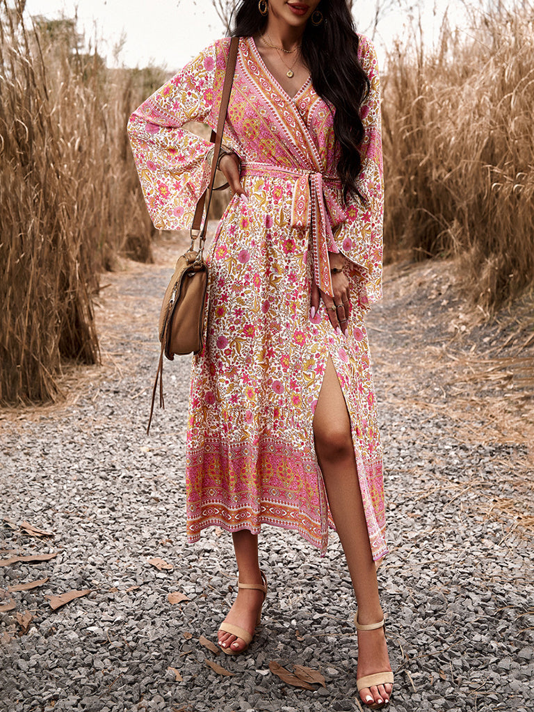 Floral Dresses- Autumn Floral Faux Wrap Bell Sleeve Waist Tie Midi Dress- - Pekosa Women Clothing