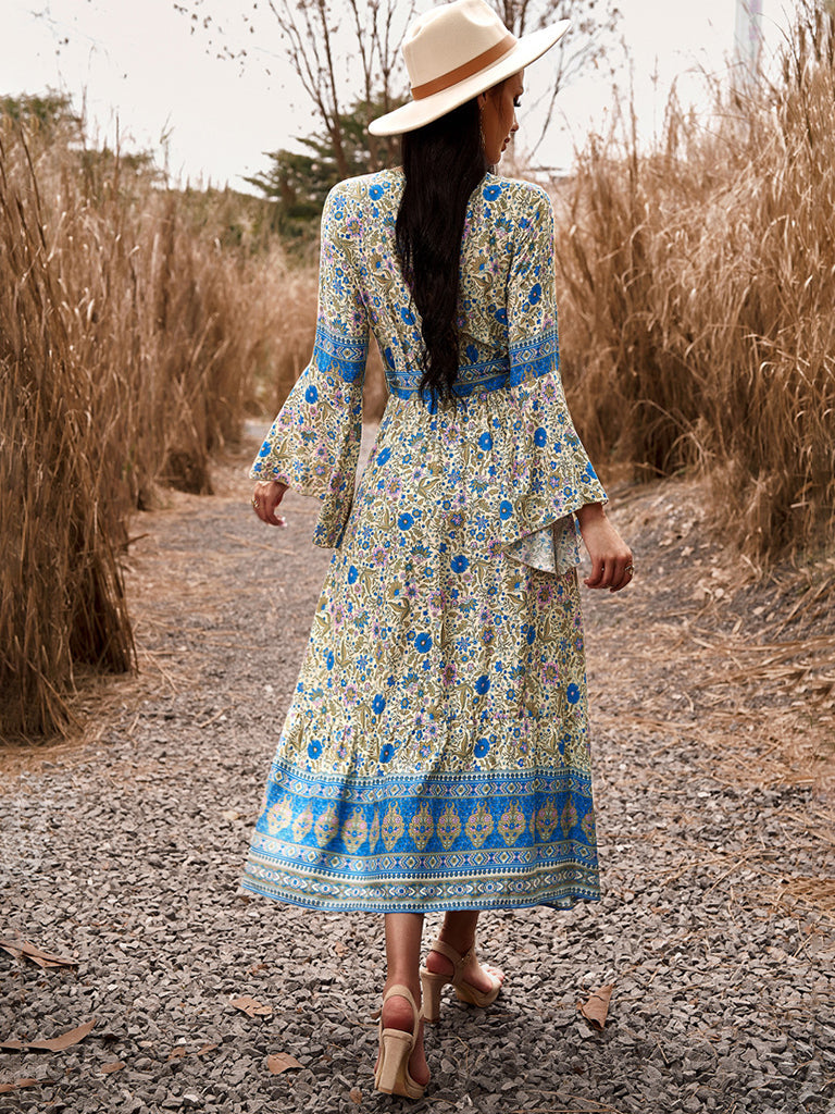 Floral Dresses- Autumn Floral Faux Wrap Bell Sleeve Waist Tie Midi Dress- - Pekosa Women Clothing