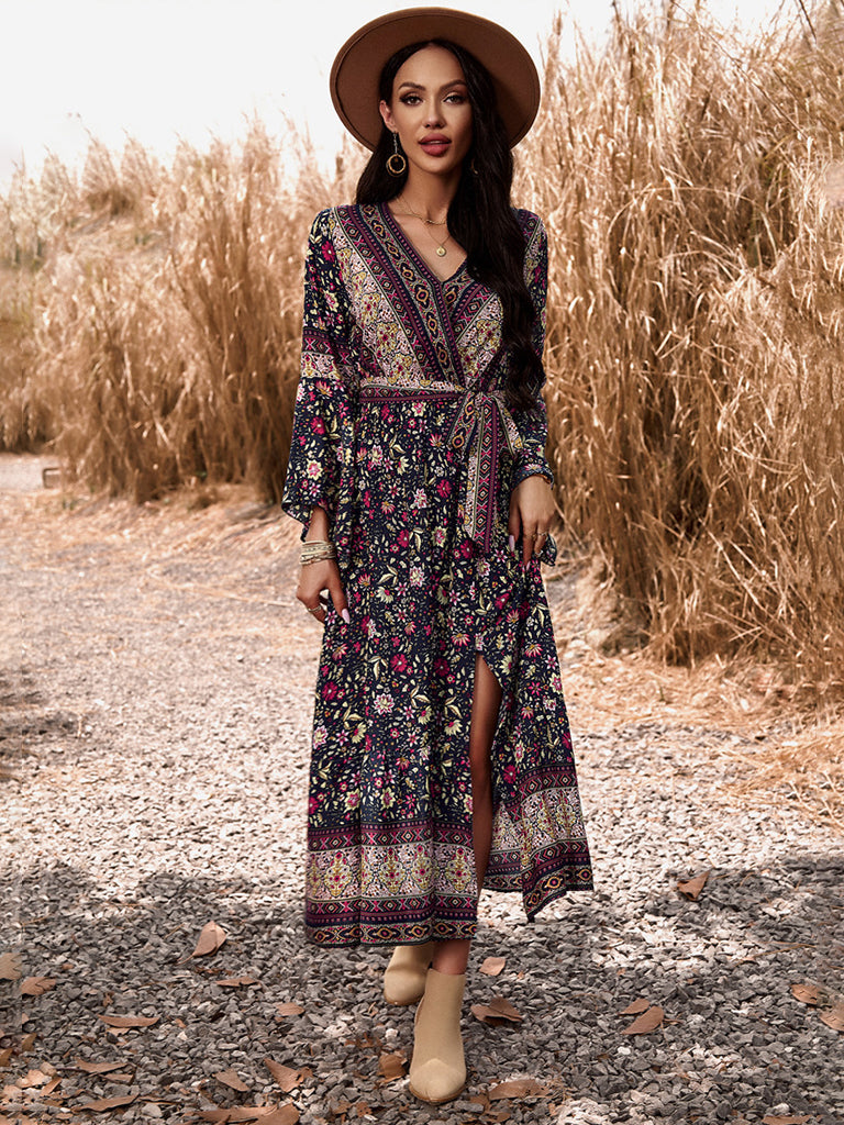 Floral Dresses- Autumn Floral Faux Wrap Bell Sleeve Waist Tie Midi Dress- - Pekosa Women Clothing