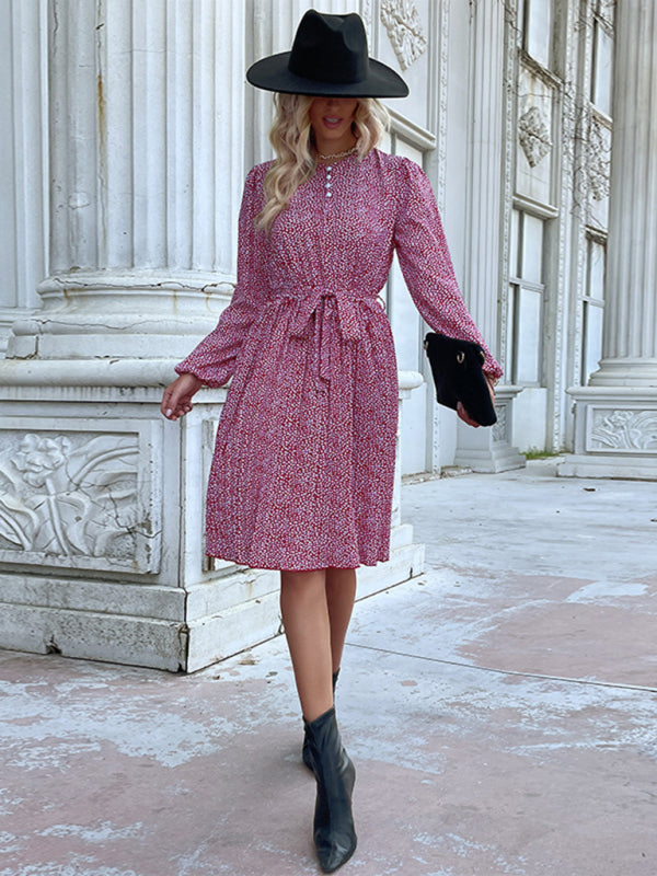 Floral Dresses- Ditsy Floral Midi Dress: Belted, Long Sleeve, Pleated- - Pekosa Women Clothing