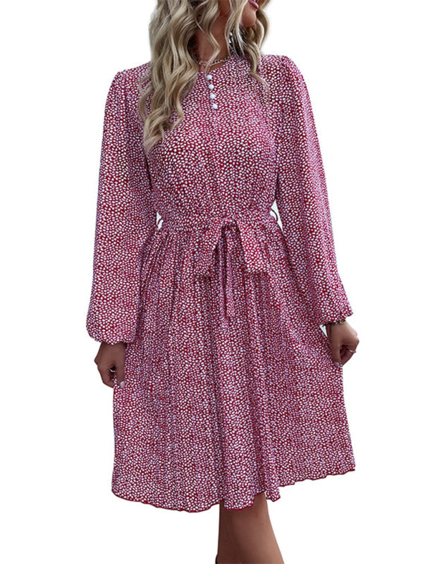 Floral Dresses- Ditsy Floral Midi Dress: Belted, Long Sleeve, Pleated- - Pekosa Women Clothing