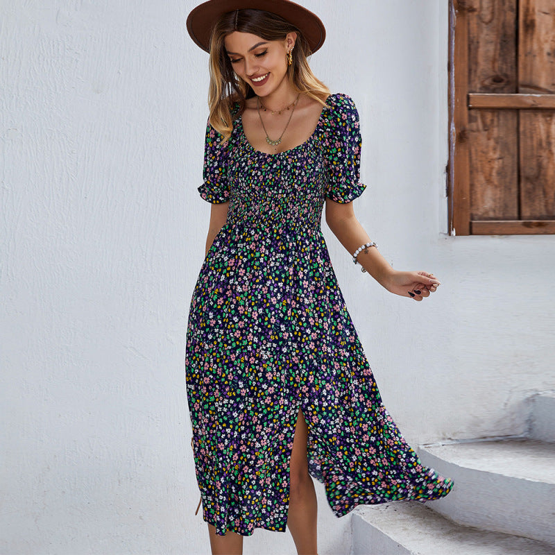 Floral Dresses- Ditsy Floral Scoop Neck Midi Dress with Slit Side & Shirred Bodice- Navy Blue- Pekosa Women Clothing