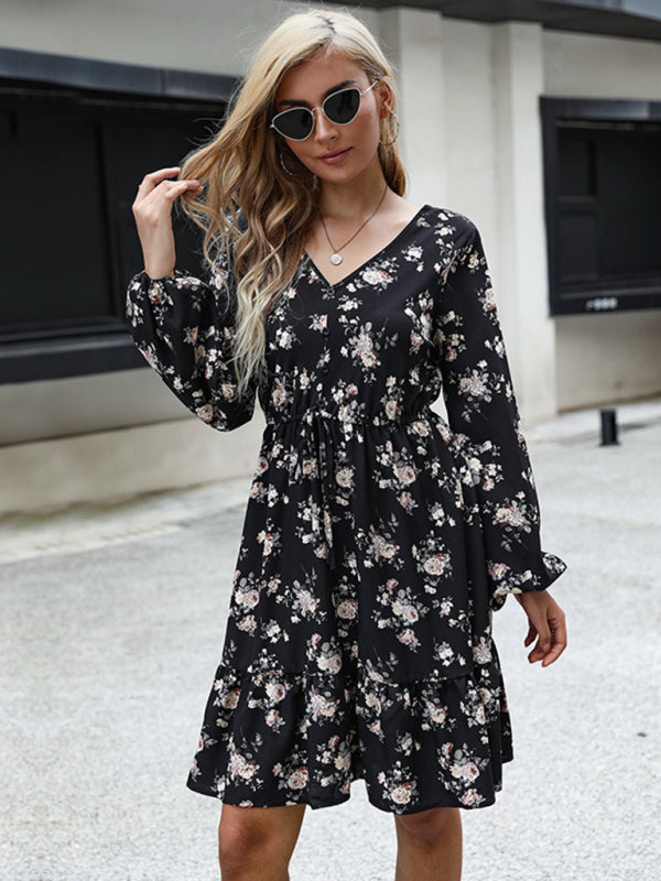 Floral Dresses- Floral Long Sleeve Adjustable Waist Ruffle Dress- - Pekosa Women Clothing