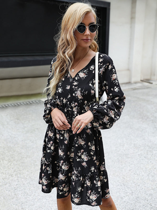 Floral Dresses- Floral Long Sleeve Adjustable Waist Ruffle Dress- - Pekosa Women Clothing