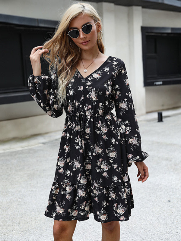 Floral Dresses- Floral Long Sleeve Adjustable Waist Ruffle Dress- - Pekosa Women Clothing