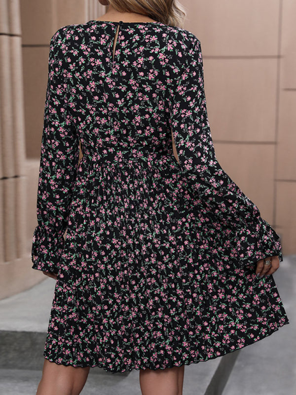 Floral Dresses- Floral Long Sleeve Belted A-Line Dress in Pleated Finish- - Pekosa Women Clothing