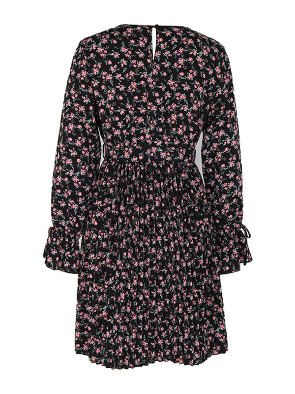 Floral Dresses- Floral Long Sleeve Belted A-Line Dress in Pleated Finish- - Pekosa Women Clothing