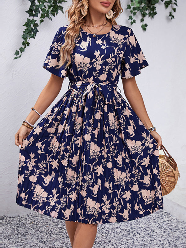 Floral Dresses- Floral Pleated Belt Tie Midi Dress in A-Line with Short Sleeves- Champlain color- Pekosa Women Clothing