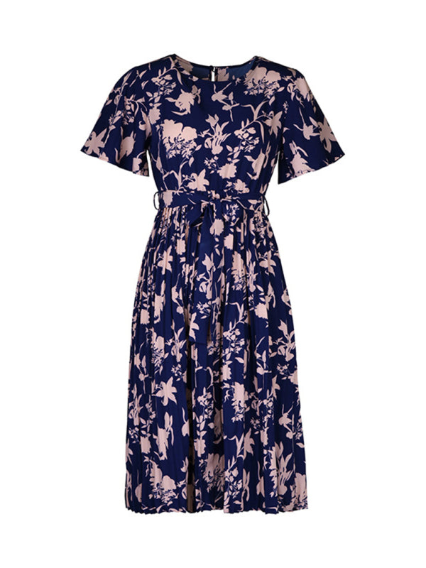 Floral Dresses- Floral Pleated Belt Tie Midi Dress in A-Line with Short Sleeves- - Pekosa Women Clothing