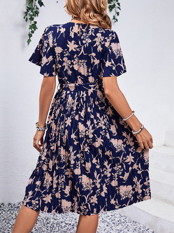 Floral Dresses- Floral Pleated Belt Tie Midi Dress in A-Line with Short Sleeves- - Pekosa Women Clothing