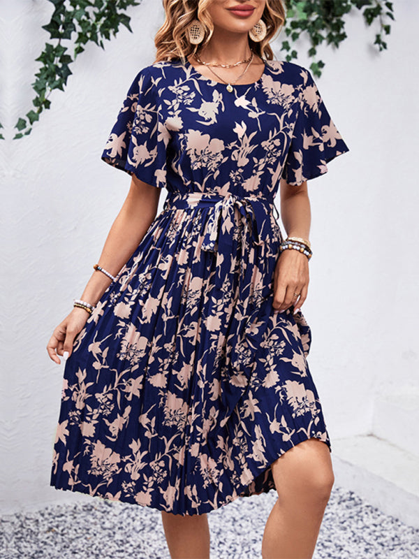 Floral Dresses- Floral Pleated Belt Tie Midi Dress in A-Line with Short Sleeves- - Pekosa Women Clothing