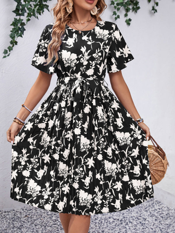 Floral Dresses- Floral Pleated Belt Tie Midi Dress in A-Line with Short Sleeves- Black- Pekosa Women Clothing