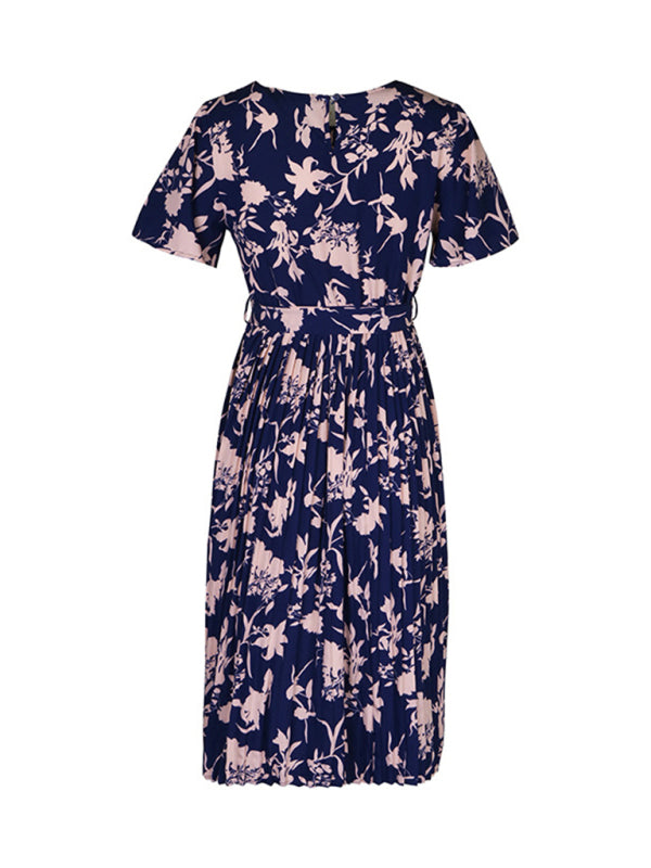 Floral Dresses- Floral Pleated Belt Tie Midi Dress in A-Line with Short Sleeves- - Pekosa Women Clothing