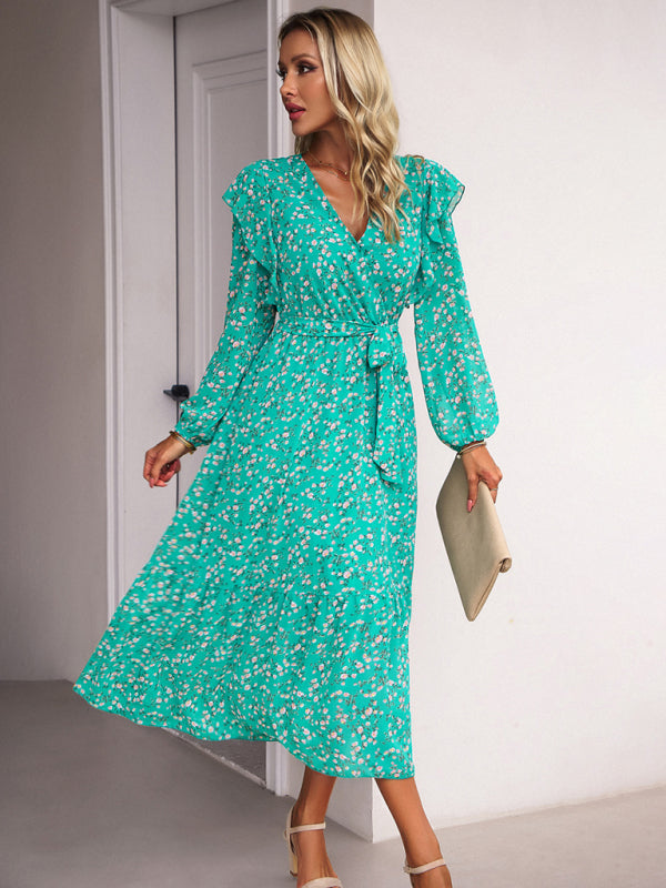 Floral Dresses- Floral Ruffle Belted Surplice Midi Dress with Long Sleeve- - Pekosa Women Clothing