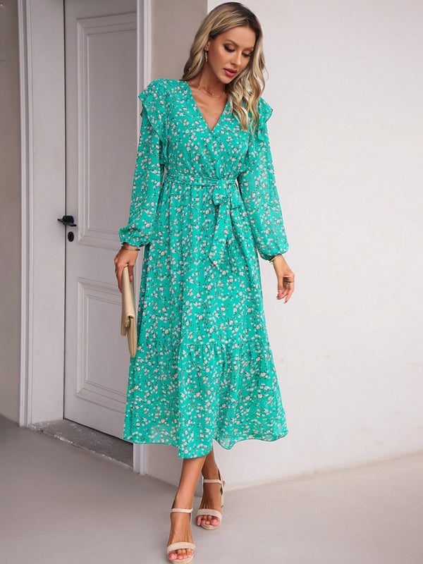 Floral Dresses- Floral Ruffle Belted Surplice Midi Dress with Long Sleeve- - Pekosa Women Clothing