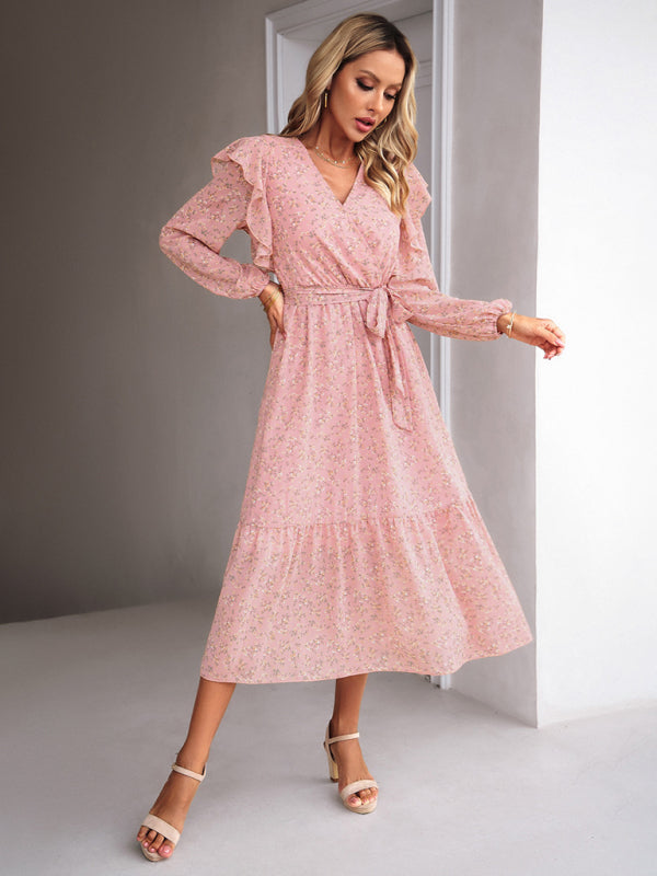 Floral Dresses- Floral Ruffle Belted Surplice Midi Dress with Long Sleeve- - Pekosa Women Clothing