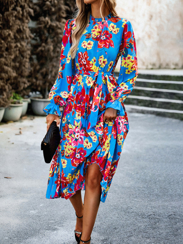 Floral Dresses- Glamorous Floral Pleated Midi Dress with Long Sleeve, Matching Belt- - Pekosa Women Clothing