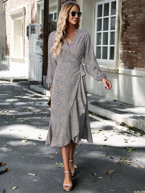 Floral Dresses- Long-Sleeve Floral Wrap Midi Dress- - Pekosa Women Clothing