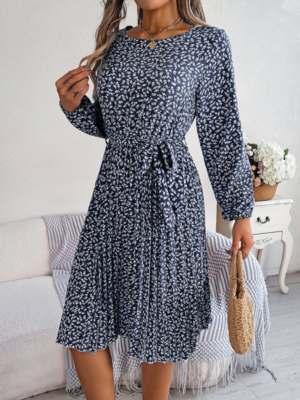 Floral Dresses- Spring Belted A-Line Dress with Pleats & Long Sleeves in Floral Print- - Pekosa Women Clothing
