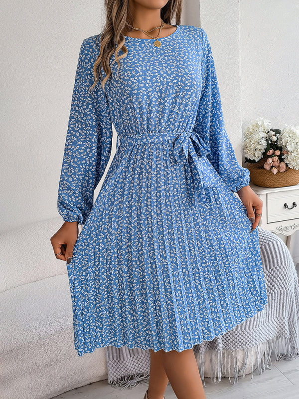 Floral Dresses- Spring Belted A-Line Dress with Pleats & Long Sleeves in Floral Print- - Pekosa Women Clothing