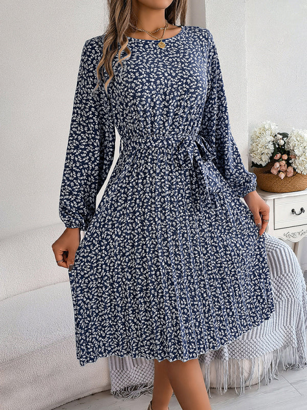 Floral Dresses- Spring Belted A-Line Dress with Pleats & Long Sleeves in Floral Print- Purplish blue navy- Pekosa Women Clothing