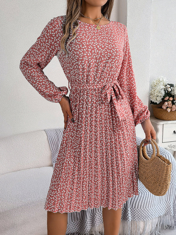 Floral Dresses- Spring Belted A-Line Dress with Pleats & Long Sleeves in Floral Print- - Pekosa Women Clothing