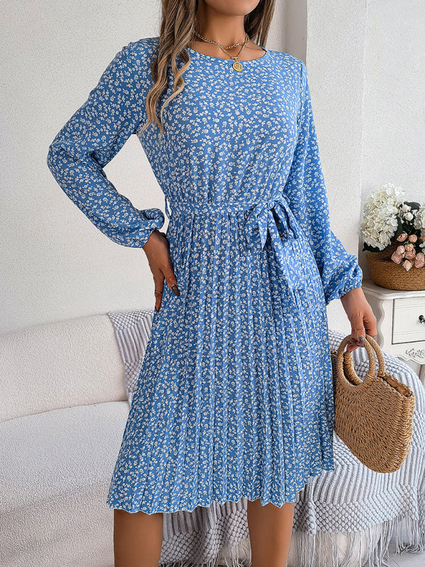 Floral Dresses- Spring Belted A-Line Dress with Pleats & Long Sleeves in Floral Print- - Pekosa Women Clothing