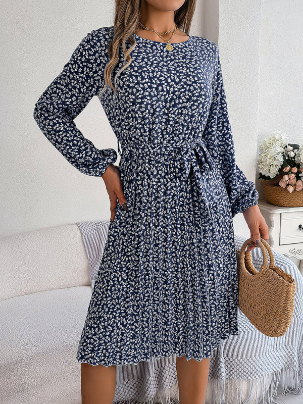 Floral Dresses- Spring Belted A-Line Dress with Pleats & Long Sleeves in Floral Print- - Pekosa Women Clothing