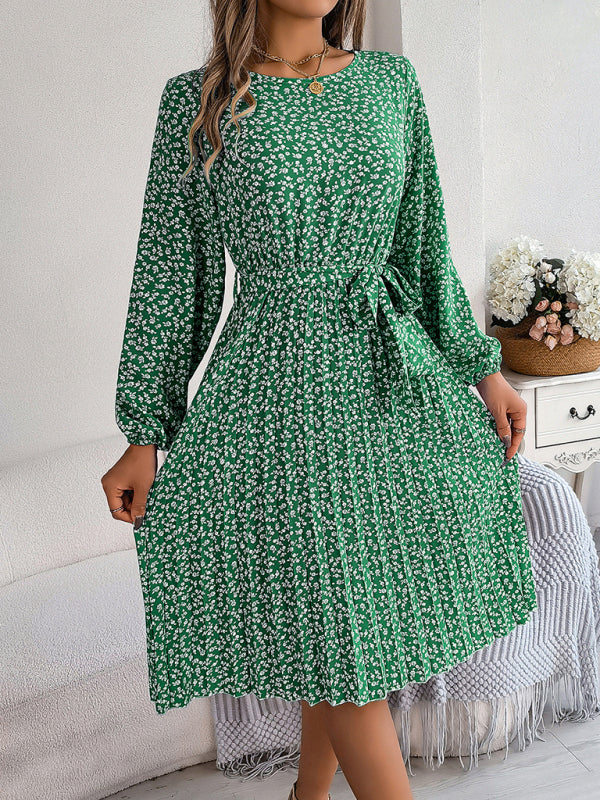 Floral Dresses- Spring Belted A-Line Dress with Pleats & Long Sleeves in Floral Print- - Pekosa Women Clothing