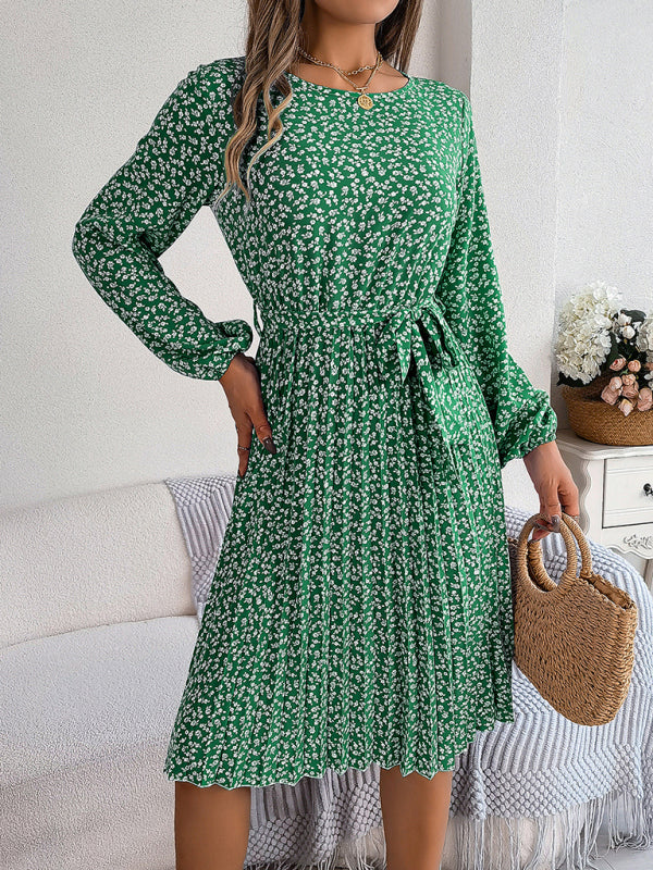 Floral Dresses- Spring Belted A-Line Dress with Pleats & Long Sleeves in Floral Print- Green- Pekosa Women Clothing