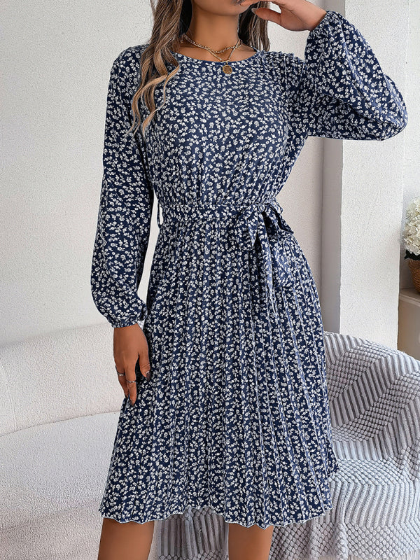 Floral Dresses- Spring Belted A-Line Dress with Pleats & Long Sleeves in Floral Print- - Pekosa Women Clothing