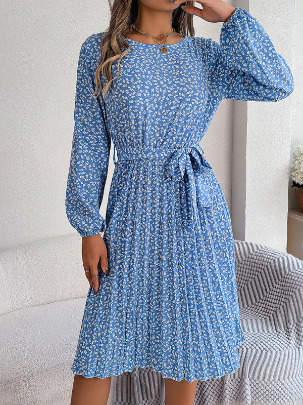 Floral Dresses- Spring Belted A-Line Dress with Pleats & Long Sleeves in Floral Print- Blue- Pekosa Women Clothing