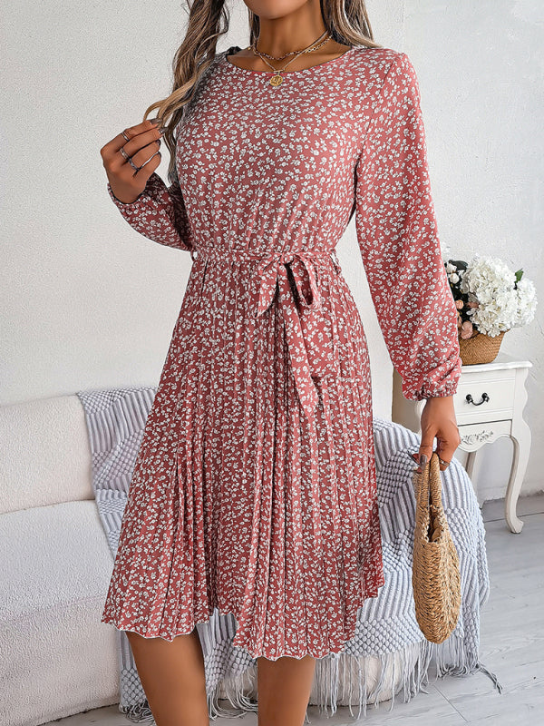 Floral Dresses- Spring Belted A-Line Dress with Pleats & Long Sleeves in Floral Print- - Pekosa Women Clothing