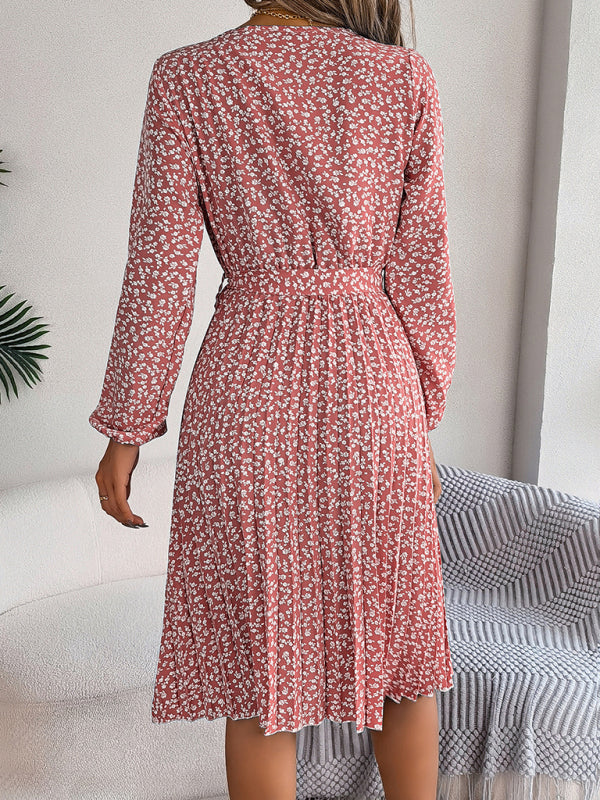 Floral Dresses- Spring Belted A-Line Dress with Pleats & Long Sleeves in Floral Print- - Pekosa Women Clothing
