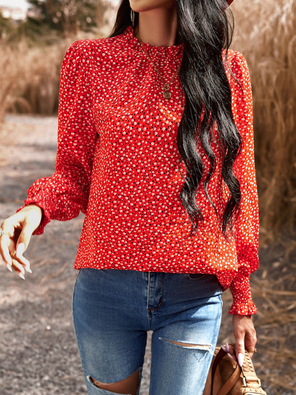 Floral blouses- Floral High Ruffe Neck Long Sleeve Blouse- - Pekosa Women Clothing