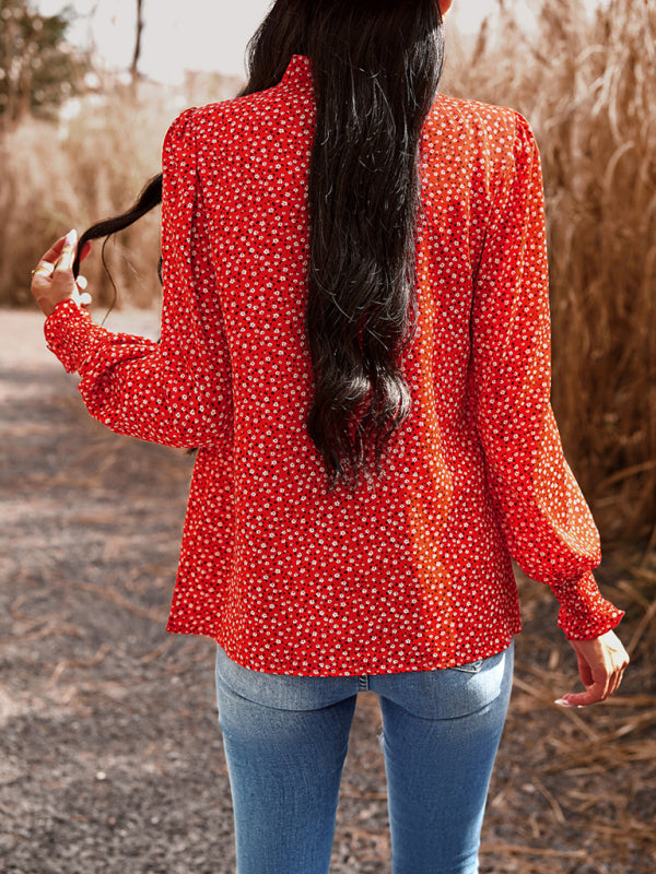 Floral blouses- Floral High Ruffe Neck Long Sleeve Blouse- - Pekosa Women Clothing