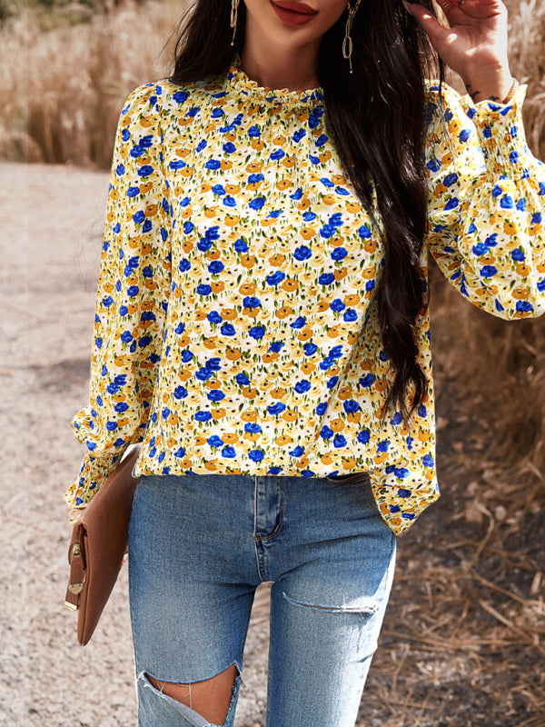 Floral blouses- Floral High Ruffe Neck Long Sleeve Blouse- - Pekosa Women Clothing